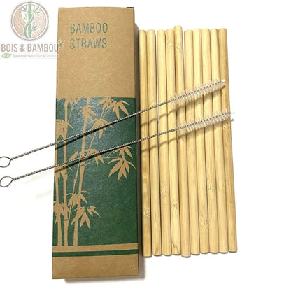 Pailles en Bambou Naturel Réutilisables Lot 10 Pailles Bambou Bio – version boîte bambou verte, 10 pailles et 2 brosses de nettoyage, présentation cadeau naturelle.