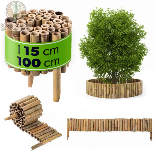 Palissade en Bambou Flexible. Une bordure modulable en cannes de bambou naturel, montrée en rouleau, déployée et installée en cercle autour d'un arbuste sur fond blanc.