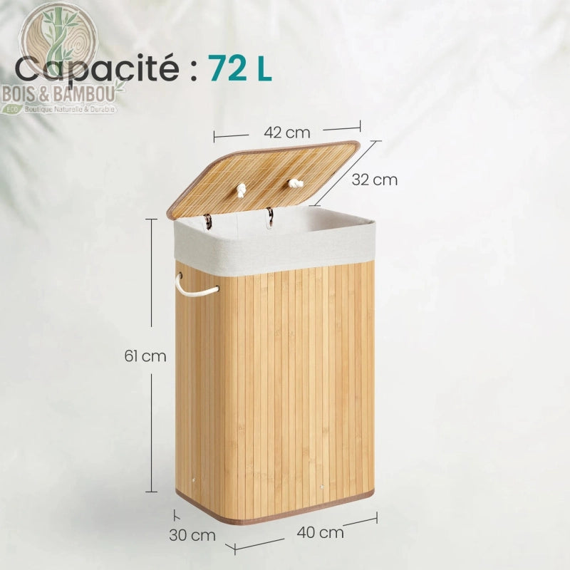 Panier a Linge Bambou Naturel avec Couvercle 72L dimensions. Infographie montrant un panier de 61 cm de haut, 40 cm de large et 30 cm de profondeur, avec un couvercle de 42x32 cm.