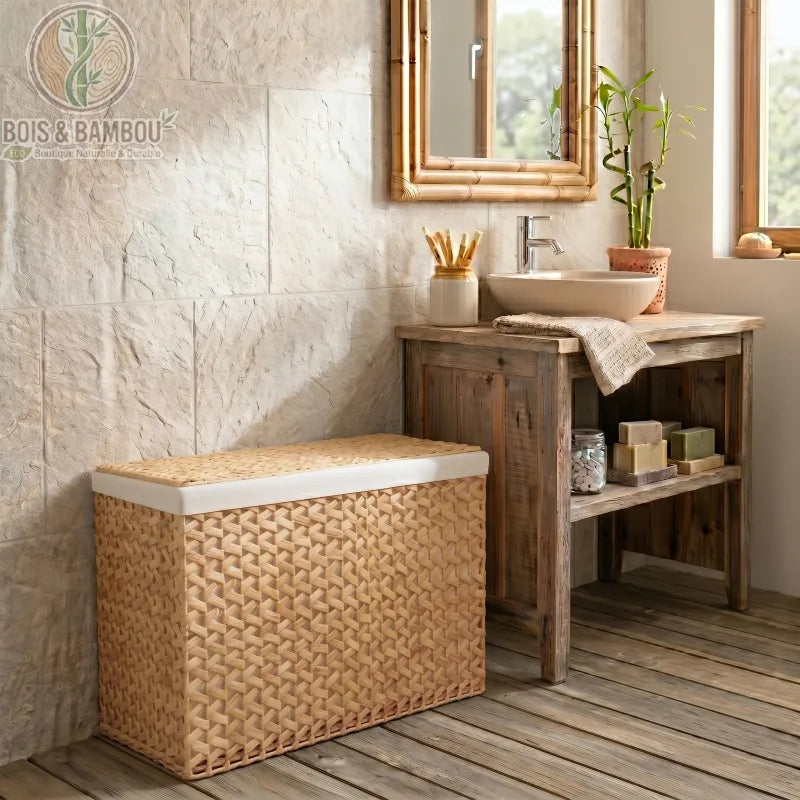 Panier a Linge en Noyer Massif modele3. Panier à linge double horizontal en jacinthe d'eau tressée avec couvercle, mis en situation dans une salle de bain naturelle à côté d'un meuble en bois rustique.