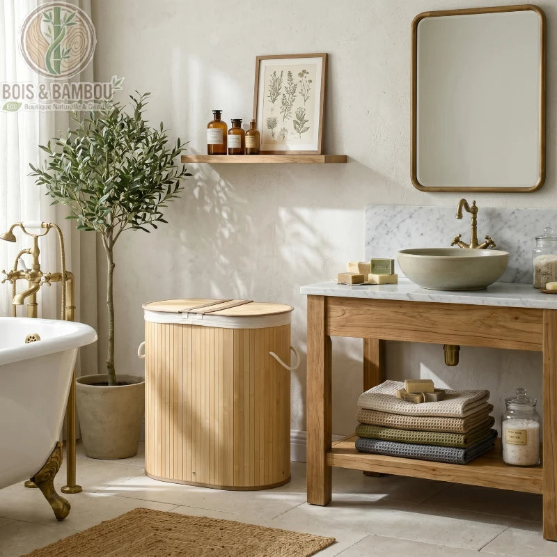 Panier à linge en bambou double compartiment de couleur claire avec couvercle. Design élégant dans une salle de bain lumineuse avec baignoire rétro, meuble en bois et miroir.