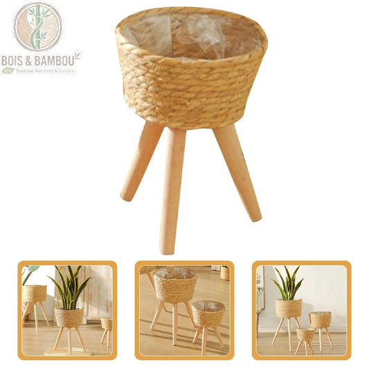 Cache-pot tressé pieds bois 2 tailles avec film plastique intérieur