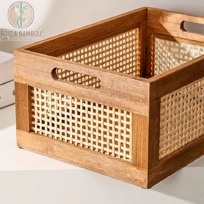 Panier de rangement rétro en bois et rotin