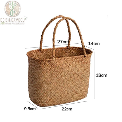 Panier en bambou tresse dimensions 2. Infographie d'un cabas en bambou de 22 cm de long, 9.5 cm de large et 18 cm de haut. Les anses mesurent 14 cm de large pour une hauteur totale de 27 cm.