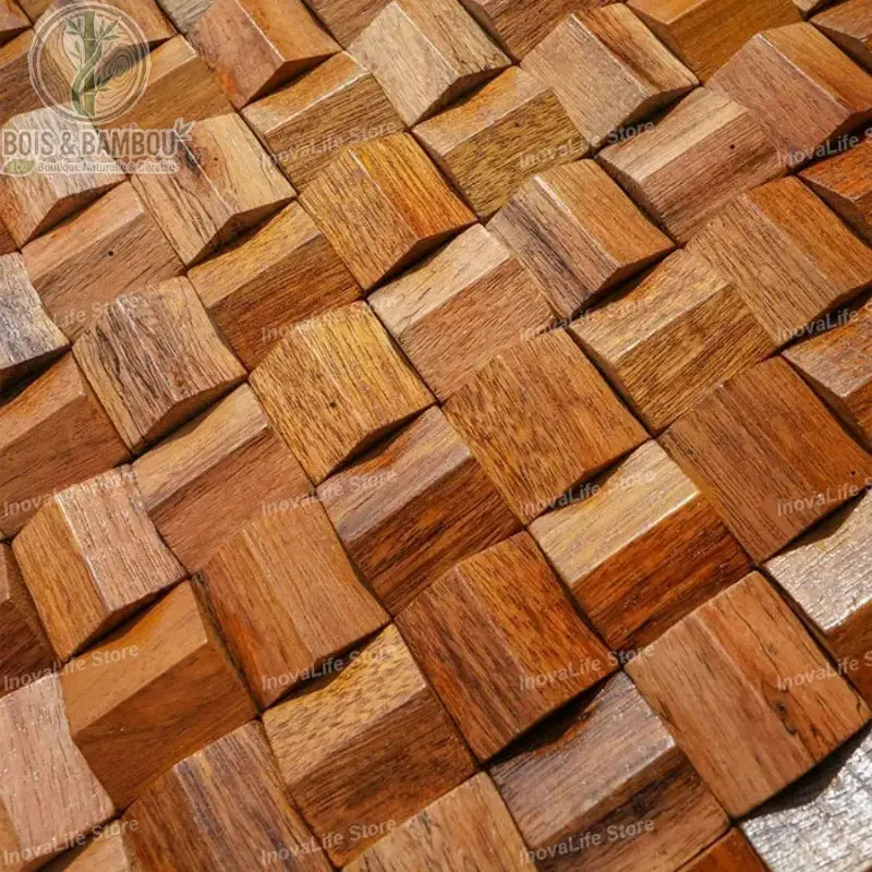 Gros plan cubes bois massif relief 3D texture grain naturel panneau acoustique