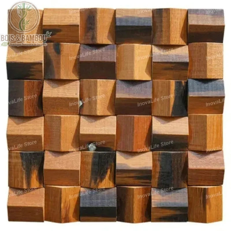 Panneau acoustique bois massif 3D coloris marron clair nuances brulées 30 x 30 centimètres