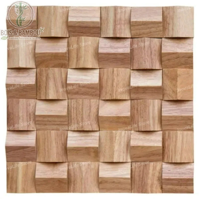 Panneau acoustique bois massif 3D coloris naturel ton miel clair cubes en saillie