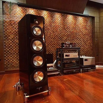 Panneau diffuseur acoustique en bois massif 3D installé dans un studio hi-fi. Fabrication artisanale pour une acoustique parfaite.