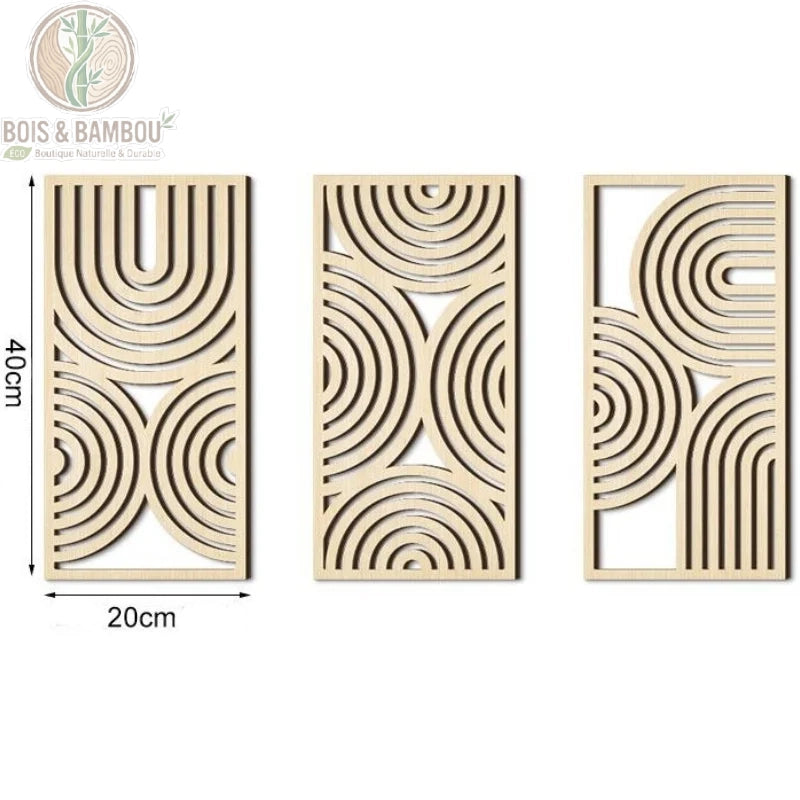 Panneau mural bois ajouré motif arcs cercles concentriques naturel clair 20 x 40 centimètres