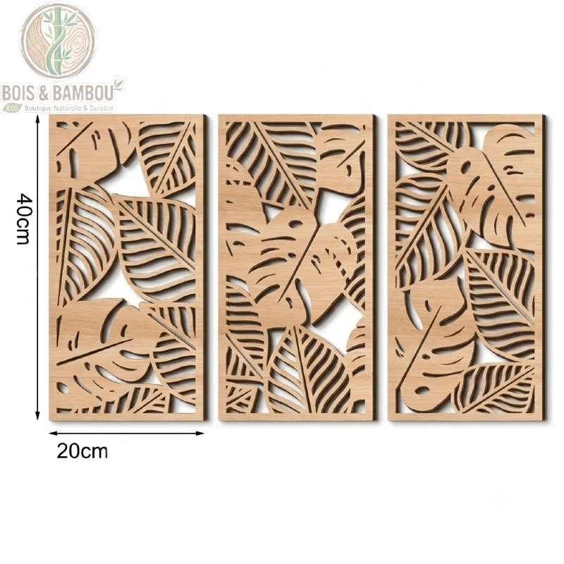 Panneau mural bois ajouré motif feuillage tropical monstera palmier naturel clair 20 x 40 centimètres