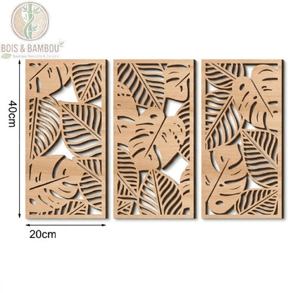 Panneau mural bois ajouré motif feuillage tropical monstera palmier naturel clair 20 x 40 centimètres