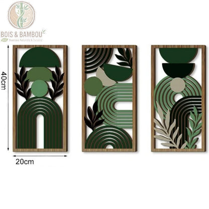 Panneau mural bois ajouré motif géométrique coloré vert marron encadré bois 20 x 40 centimètres