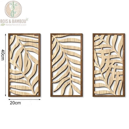 Panneau mural bois ajouré motif feuilles palmier bicolore naturel et brun 20 x 40 centimètres