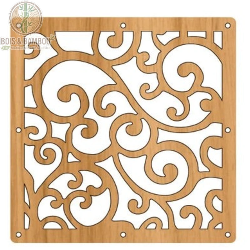 Panneau décoratif suspendu arabesques spirales ajourées style chinois bois ton miel