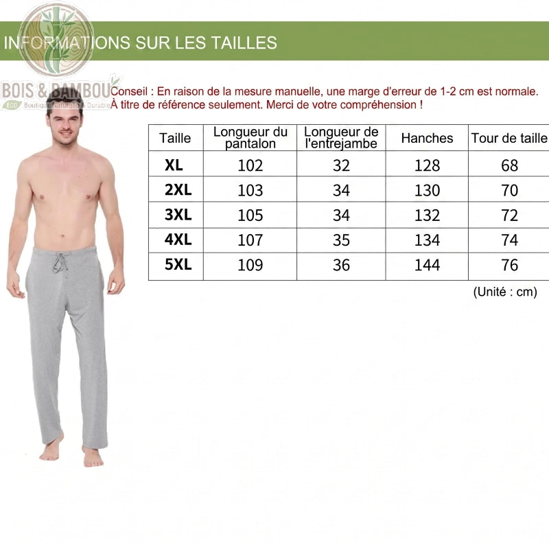 Guide des tailles pantalon jogging bambou homme
