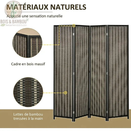 Détail cadre bois massif et lattes de bambou tressées main du paravent noir