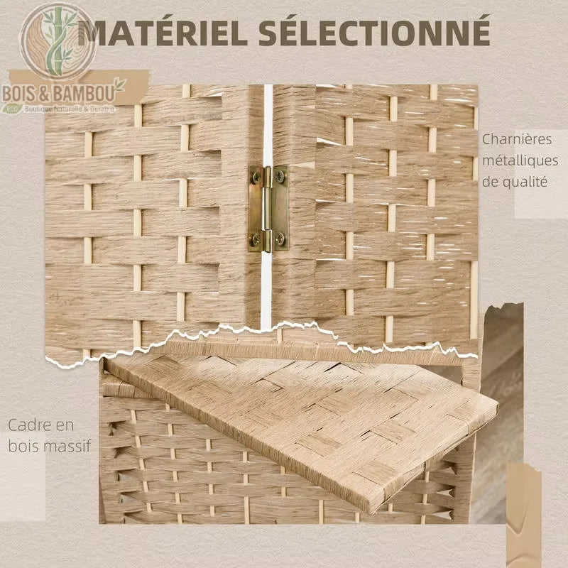 Détail tressage fibre papier motif diamant et charnière métallique paravent étagères