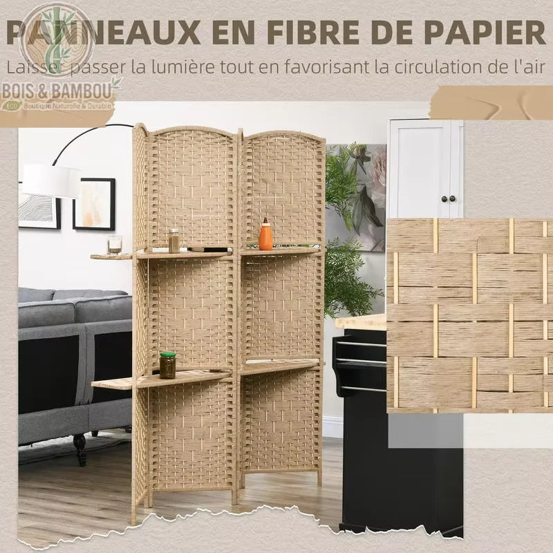 Paravent fibre papier 4 panneaux lumière filtrée air circulant motif tressé naturel
