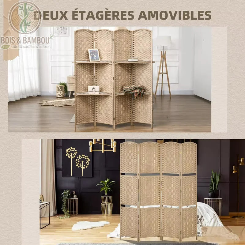 Paravent avec 2 étagères amovibles 140x20 cm bois pin intérieur salon chambre
