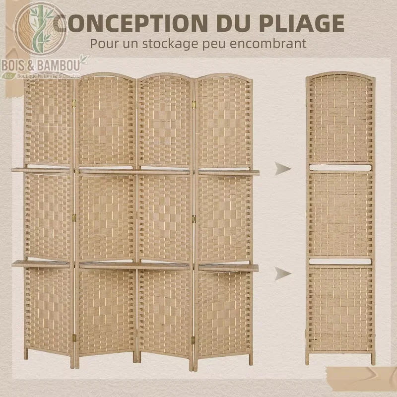 Paravent 4 panneaux pliage compact rangement peu encombrant fibre papier bois