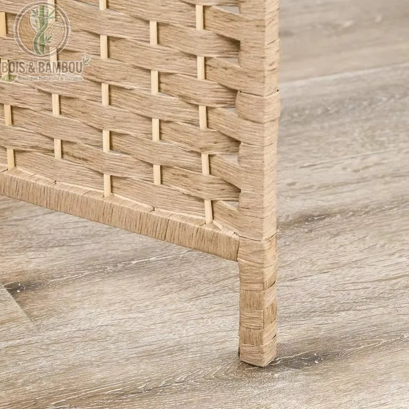 Détail pied cadre bois pin massif paravent fibre papier tressée étagères amovibles