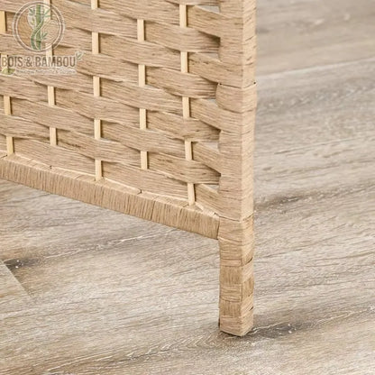 Détail pied cadre bois pin massif paravent fibre papier tressée étagères amovibles