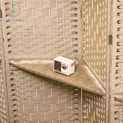 Détail étagère triangulaire amovible bois pin paravent fibre papier 4 panneaux