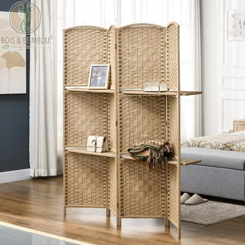 Paravent avec étagères 4 panneaux fibre papier tressée bois pin en situation chambre
