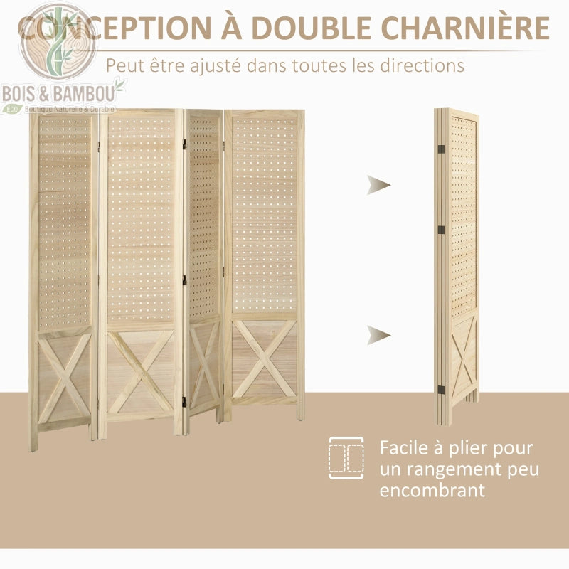 Paravent bois rustique double charnière pliage compact 4 panneaux accordéon