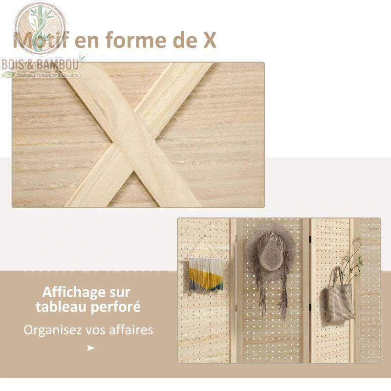 Détail motif X bois massif et tableau perforé paravent rustique 4 panneaux