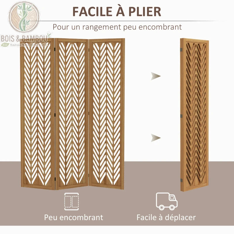 Paravent bois ajouré pliage compact charnières directionnelles peu encombrant facile déplacer