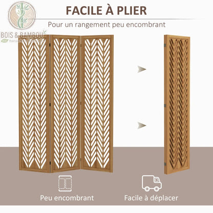 Paravent bois ajouré pliage compact charnières directionnelles peu encombrant facile déplacer