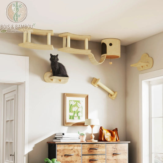 Parcours Mural d'Escalade. Un chat noir sur une plateforme faisant partie d'un parcours mural complexe avec pont suspendu, niche fixée au plafond et divers éléments en bois clair.