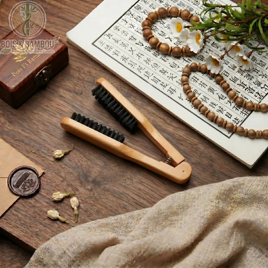 Peigne à cheveux à double tête en bois avec poils de sanglier. Brosse lissante à pince ergonomique sur table en bois avec décor zen. Accessoire de coiffage naturel et professionnel.