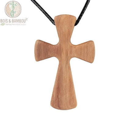 pendentif croix pattée bois d'olivier naturel gros plan veinage chaleureux cordon noir