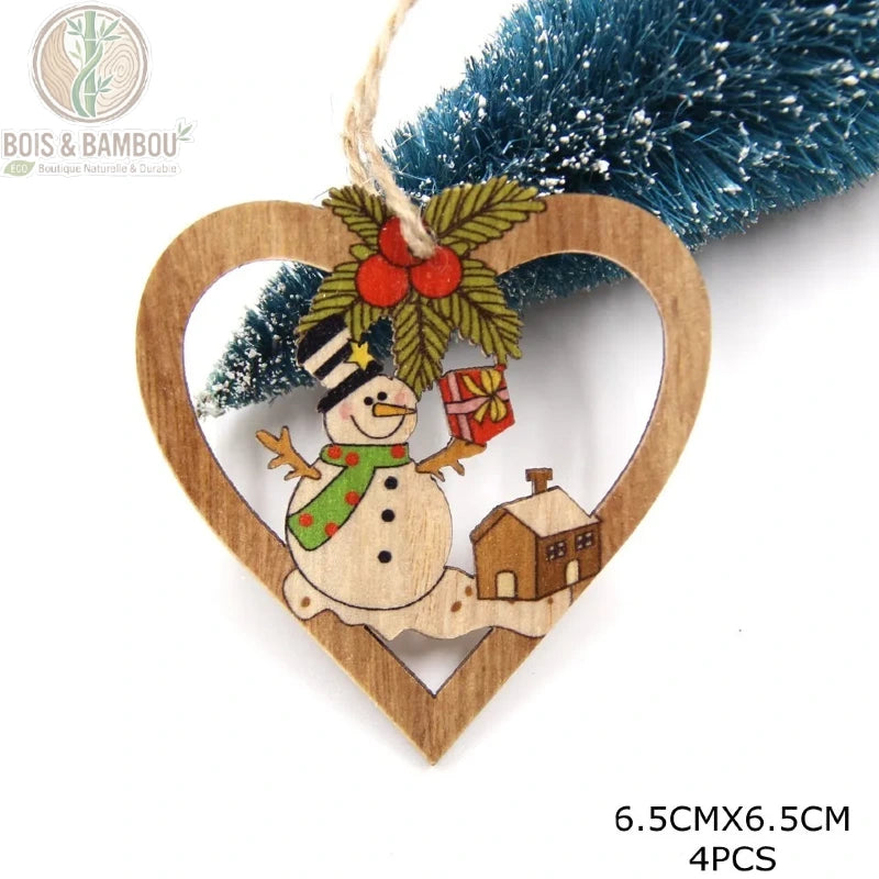 Pendentif cœur en bois coloré motif bonhomme de neige et maison, 6,5x6,5 cm, lot 4 pièces