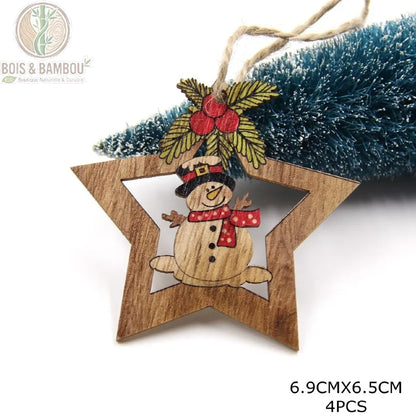 Pendentif étoile en bois coloré motif bonhomme de neige avec écharpe rouge, 6,9x6,5 cm