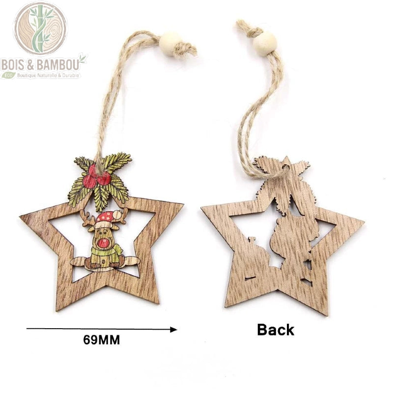 Pendentifs étoile en bois coloré, dimensions 69mm, face avant et face arrière bois naturel
