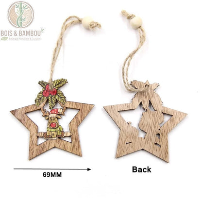 Pendentifs étoile en bois coloré, dimensions 69mm, face avant et face arrière bois naturel