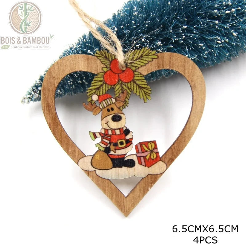 Pendentif cœur en bois coloré motif renne de Noël avec cadeau, 6,5x6,5 cm, lot 4 pièces