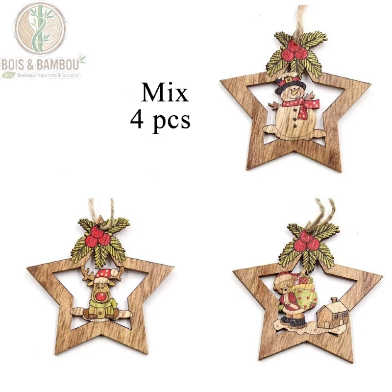 Trois pendentifs étoile en bois coloré motifs Noël mélangés, lot 4 pièces