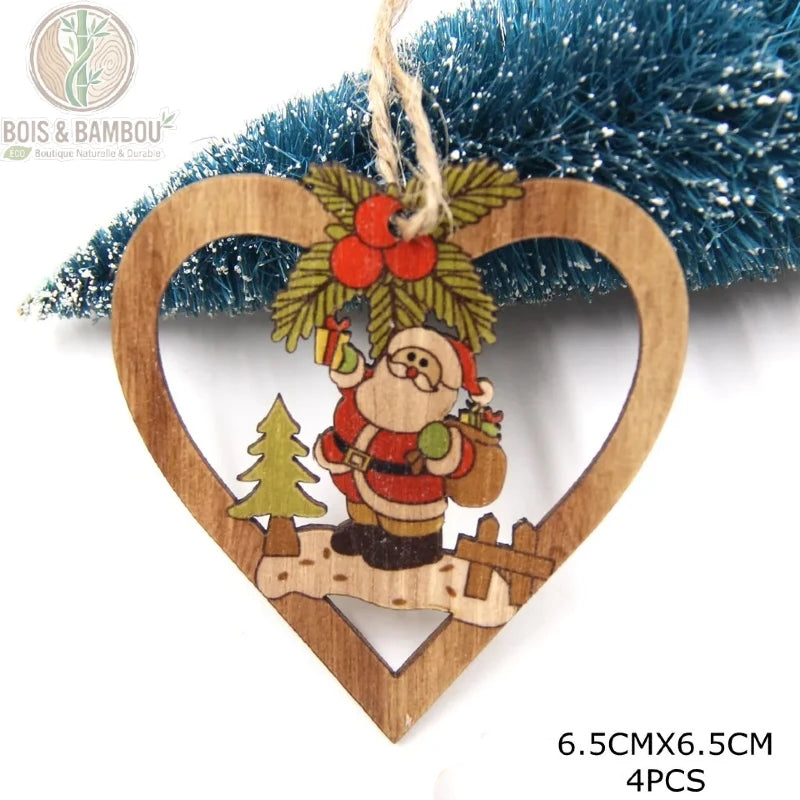 Pendentif cœur en bois coloré motif Père Noël avec sapin et cadeaux, 6,5x6,5 cm, lot 4 pièces