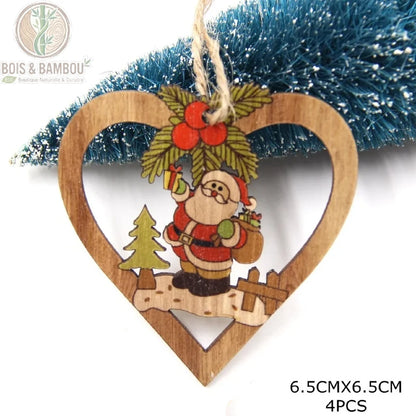 Pendentif cœur en bois coloré motif Père Noël avec sapin et cadeaux, 6,5x6,5 cm, lot 4 pièces