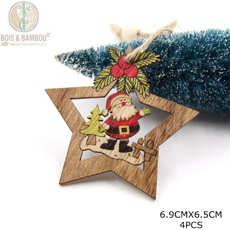 Pendentif étoile en bois coloré motif Père Noël avec sapin, 6,9x6,5 cm, lot 4 pièces