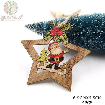 Pendentif étoile en bois coloré motif Père Noël avec sapin, 6,9x6,5 cm, lot 4 pièces