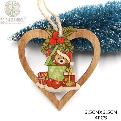 Pendentif cœur en bois coloré motif ours de Noël avec cadeaux, dimensions 6,5x6,5 cm, lot 4 pièces