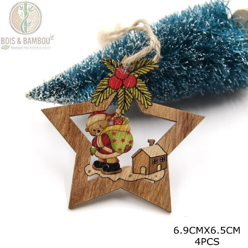 Pendentif étoile en bois coloré motif ours portant des cadeaux, 6,9x6,5 cm, lot 4 pièces