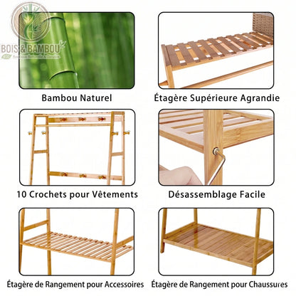 Penderie Bambou Naturel avec etageres et Crochets descriptif 2. Infographie montrant les détails : bambou naturel, étagère supérieure, 10 crochets, montage facile et étagères pour accessoires et chaussures.