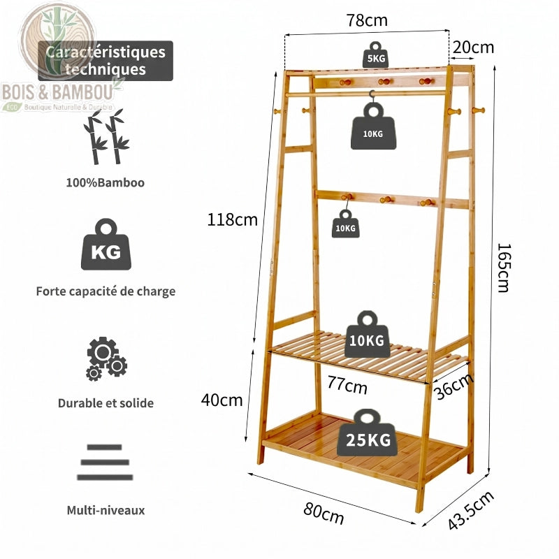 Penderie Bambou Naturel avec etageres et Crochets dimensions. Infographie indiquant une hauteur de 165 cm, une largeur de 80 cm et des capacités de charge allant de 5 kg à 25 kg par niveau.