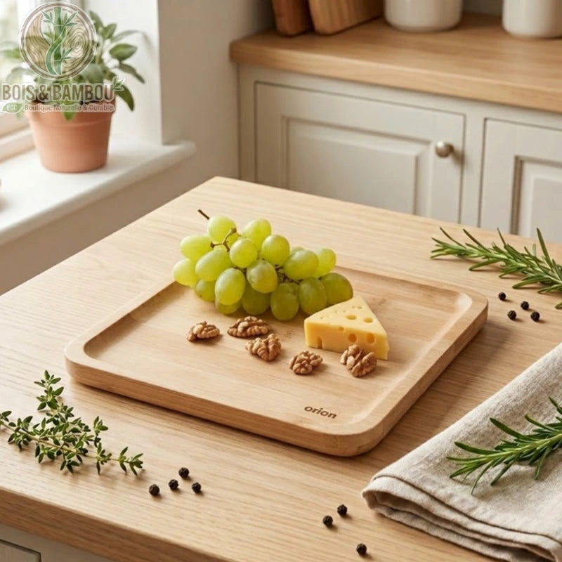 Petit Plateau Carré en Bambou 14x14 cm présenté avec des fruits du fromage et fleurs séchées sur fond ardoise